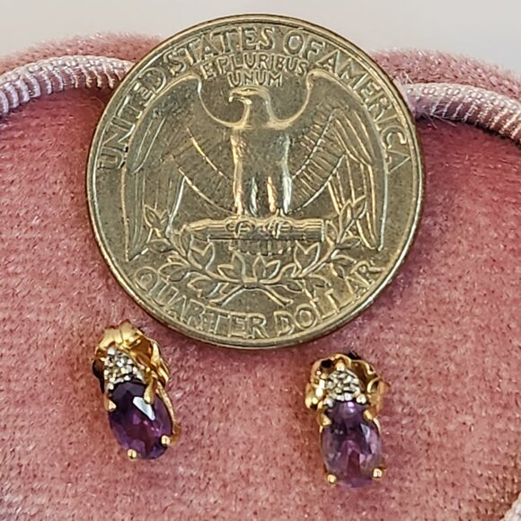 True VTG 80s 14K Solid Gold Natural Amethyst & Diamond Stud Earrings - Picture 12 of 15